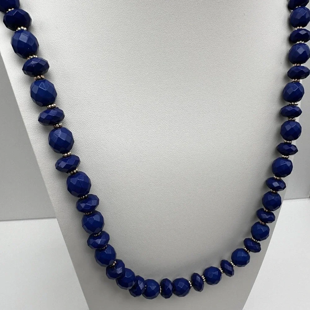 Vintage 90s Gold Tone Blue Faceted Beaded Statement Necklace Women's Jewelry Y2K